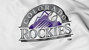 Close-up of waving flag with Colorado Rockies MLB baseball team logo, 3D rendering