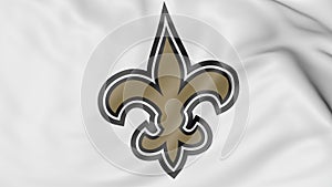 Close-up of waving flag with New Orleans Saints NFL American football team logo, 3D rendering