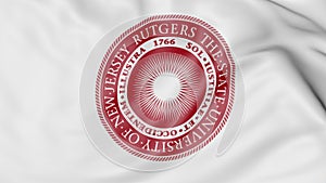 Close-up of waving flag with Rutgers State University emblem 3D rendering