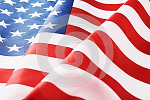 Close up of waving national usa american flag as a background. Concept of Memorial or Independence Day or 4th of July