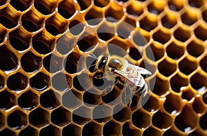 Close-up of wax honeycomb on black background,bee sitting on honeycomb,honeycomb filled with honey, space for text