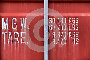 Close up of weathered red shipping container, with loading limit data painted on the door.