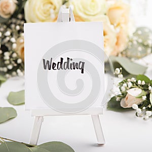 Close up of wedding concept on small easel