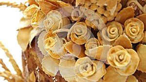 close-up, wedding loaf, cake, bread, decorated with various colors of dough, roses, dough leaves. wedding traditions