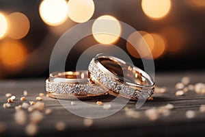 Close up of wedding rings on bokeh background with copy space