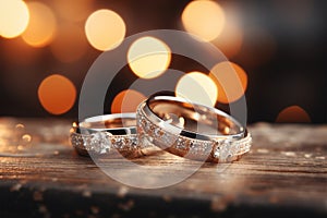 Close up of wedding rings on bokeh background with copy space