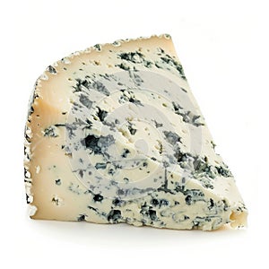 Close-up of a wedge of blue cheese with creamy texture and distinct blue veins, isolated on white background.