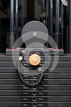 Close-up of weight steel stack in a fitness club