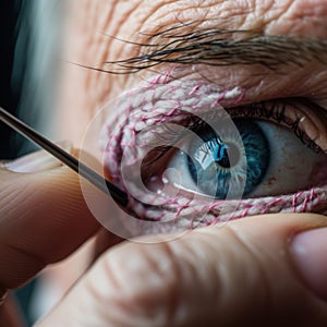 A close up of a weird old person sewing an eye. Generative AI image.