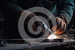 Close up of a welder cutting metal with a grinder, Industrial worker hands closeup view welding mettle, AI Generated photo