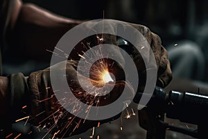 Close up of a welder with protective gloves welding metal in a workshop, Industrial worker hands closeup view welding mettle, AI