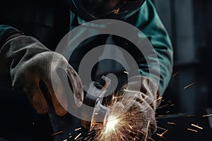 Close up of a welder using a grinder to cut metal, Industrial worker hands closeup view welding mettle, AI Generated photo