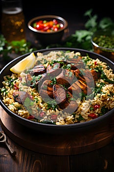 Close-up West African traditional jollof rice - a vegetarian dish made with rice, tomatoes, onions and spices