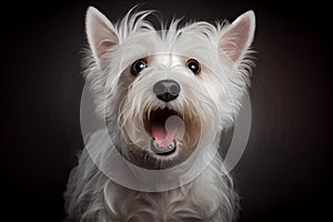 Close-up of a West Highland White Terrier, looking at the camera, panting, 18 months old, isolated on black