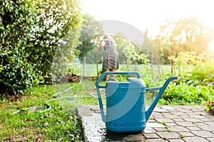 Close up of wet blue watering can with old woman working on vegetables garden outdoors