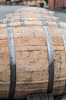 Close Up of Wet Bourbon Barrel in the Rain