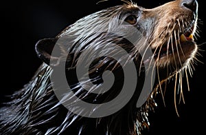 A close up of a wet dog's head. Generative AI image.