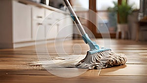 Close up of wet mop cleaning wooden floor in kitchen. AI generated