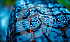 Close-up of a wet tire tread pattern with water droplets and reflective particles, emphasizing vehicle safety and performance in