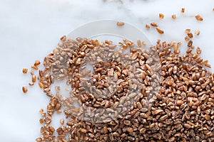 Close up of wheat grains on white marble background.
