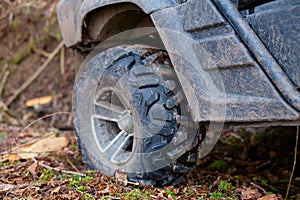 Close-up of a wheel. Extreme off-road driving