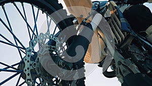 Close up of a wheel of an FMX motorbike
