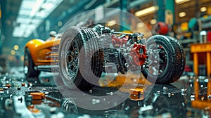 Close-up of the wheel and suspension mechanism of a racing car in the workshop garage