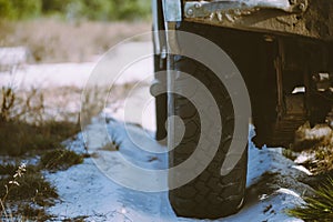 Close up of wheel tyre track on dirt sand or mud at outdoor,Off road track