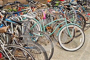 Close up of wheels of bicycles