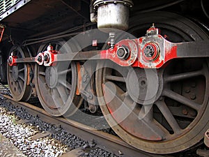 Close-up of wheels of a locomotive