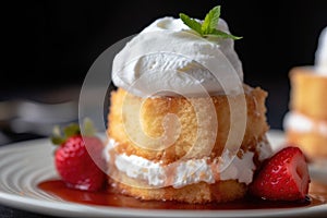 close-up of whipped cream dollop on shortcake