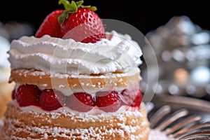 close-up of whipped cream dollop on shortcake