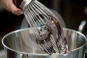 close-up of whisk, mixing chocolate to ensure smooth consistency