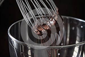 close-up of whisk, mixing chocolate to ensure smooth consistency