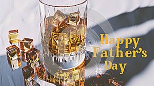 Close-up of a whiskey glass with ice cubes, celebrating Father's Day with elegance and warmth