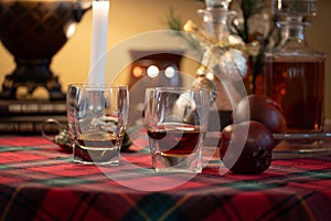 Close up of whiskey glasses on holiday table