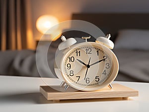 Close up of white alarm clock set for 6 AM on bedside table in bedroom and bed in background