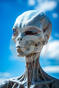 Close up of white alien head with red eyes. Generative AI