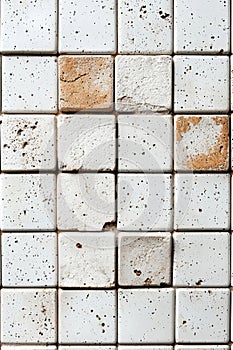 Close-up of a white and beige tile wall with a rustic texture