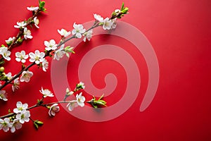 Close up white blossom tree branch on red background, spring concept with copy space, flat lay, top view photo