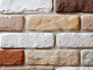 A close up of a white brick wall with different colors of bricks