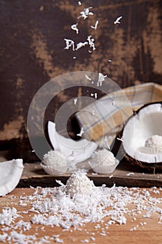 Close up of white candies and coconut with white pulp, coconut chip on wooden background