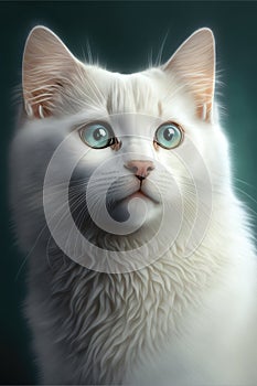 Close up of white cat with green eyes, created using generative ai technology