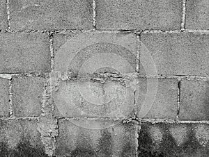 Close-up of White cement crack block wall and peeled paint caused by water and sunlight. Peel wall of White house paint with black