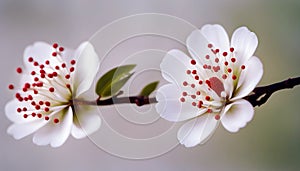 Close-up of White Cherry Blossoms with Red Stamens