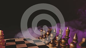 Close up of white chess pieces on board with dissipating steam. Two rows of wooden figures on chessboard on black