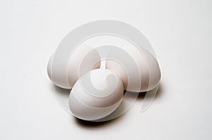 Close up white chicken eggs isolated background.