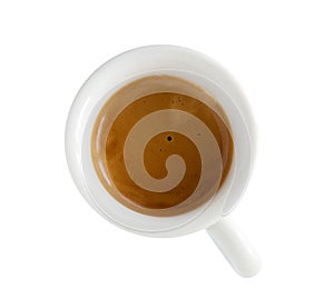 The close-up of white coffee cup with espresso, isolated on white background. Top view