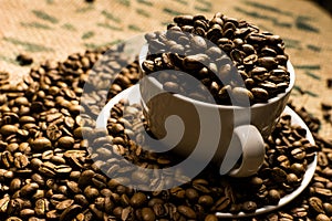 Close up of a white coffee cup full of coffee beans