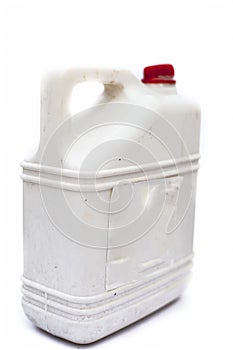 Close up of white colored Jerrican or plastic jerrican or jerry can isolate on white used for containing liquids.